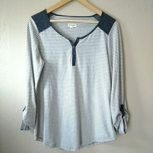 Maison Jules Gray & White Striped Henley Tee - M‎